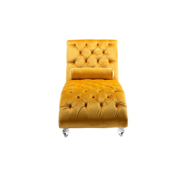 English Elm Velvet Curved Chaise Lounge Sofa with Button-Tufted Back, Thick Foam Cushion & Acrylic Legs for Living Room Comfort Mustard W39538680