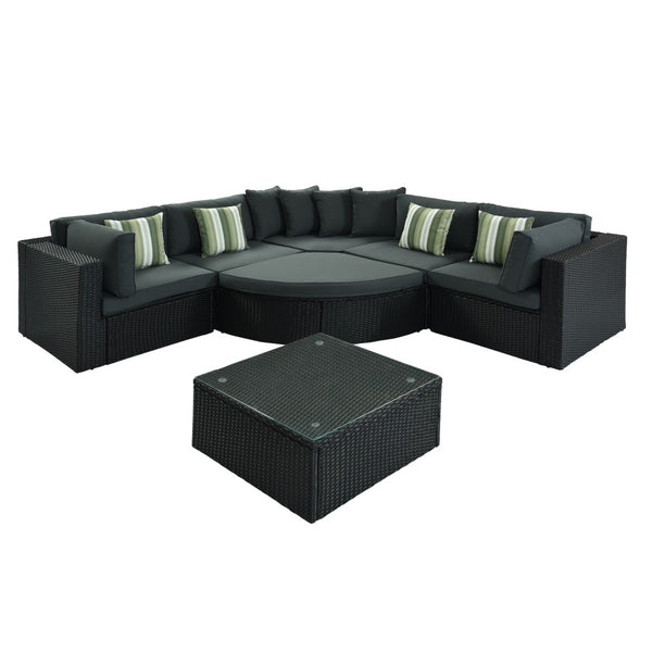 English Elm Go 7 Piece Outdoor Pe Wicker Sectional Set with Steel Frame and Striped Accent Pillows Gray FG201212AAE