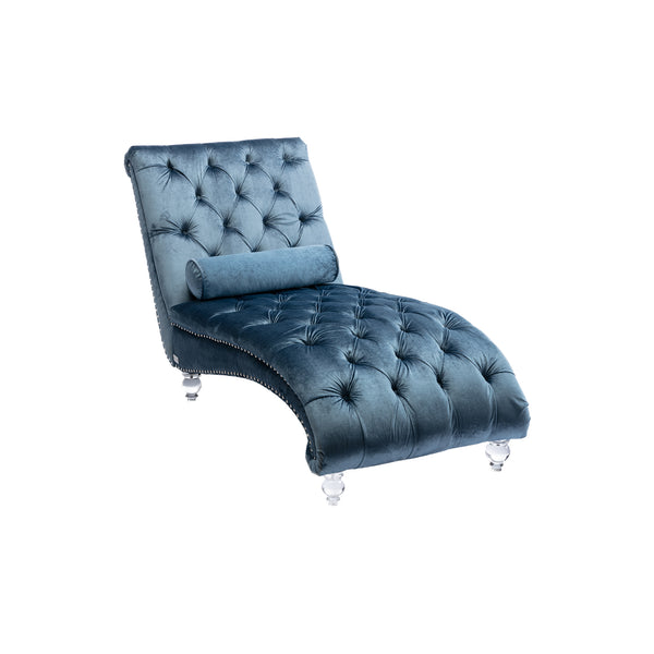 English Elm Velvet Curved Chaise Lounge Sofa with Button-Tufted Back, Thick Foam Cushion & Acrylic Legs for Living Room Comfort Light Blue W39538684