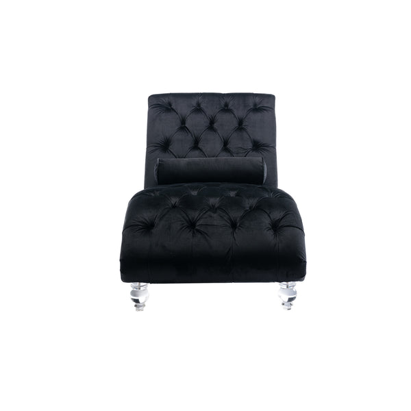English Elm Velvet Curved Chaise Lounge Sofa with Button-Tufted Back, Thick Foam Cushion & Acrylic Legs for Living Room Comfort Black W39538681