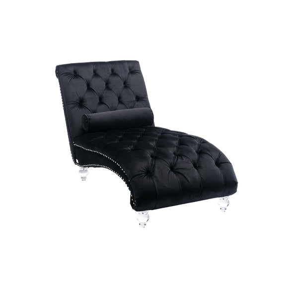 English Elm Velvet Curved Chaise Lounge Sofa with Button-Tufted Upholstery, Plush Foam Seat and Acrylic Legs Black W39538681