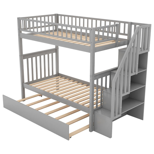 English Elm Twin Twin-over-Twin Bunk Bed with Trundle, Solid Wood Slat Support, Guardrail & Built-In Storage for Three Sleeps Gray SM000304AAE-1