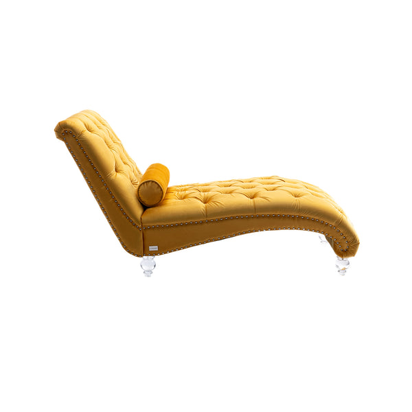 English Elm Velvet Curved Chaise Lounge Sofa with Button-Tufted Upholstery, Plush Foam Seat and Acrylic Legs Mustard W39538680