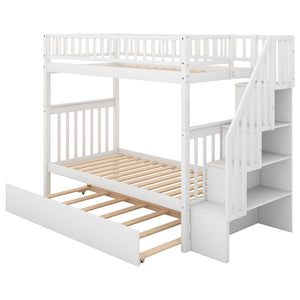 English Elm Twin Twin-over-Twin Bunk Bed with Trundle, Solid Wood Slat Support, Guardrail & Built-In Storage for Three Sleeps White SM000304AAK-1
