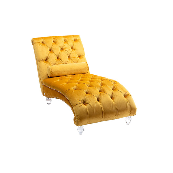 English Elm Velvet Curved Chaise Lounge Sofa with Button-Tufted Back, Thick Foam Cushion & Acrylic Legs for Living Room Comfort Mustard W39538680