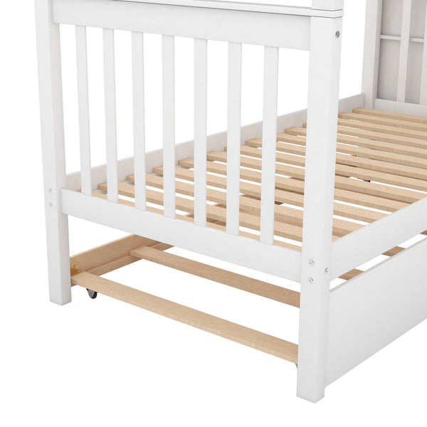 English Elm Twin Twin-over-Twin Bunk Bed with Trundle, Solid Wood Slat Support, Guardrail & Built-In Storage for Three Sleeps White SM000304AAK-1