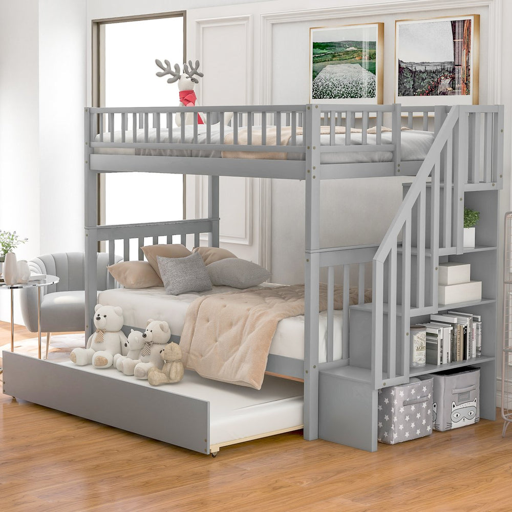 English Elm Twin Twin-over-Twin Bunk Bed with Trundle, Solid Wood Slat Support, Guardrail & Built-In Storage for Three Sleeps Gray SM000304AAE-1