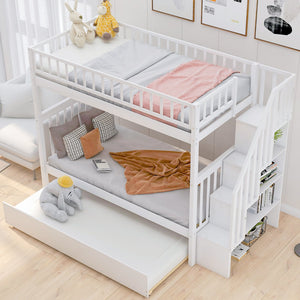 English Elm Twin Twin-over-Twin Bunk Bed with Trundle, Solid Wood Slat Support, Guardrail & Built-In Storage for Three Sleeps White SM000304AAK-1