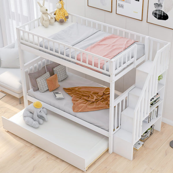 English Elm Twin Twin-over-Twin Bunk Bed with Trundle, Solid Wood Slat Support, Guardrail & Built-In Storage for Three Sleeps White SM000304AAK-1