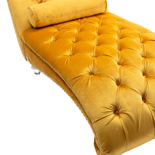 English Elm Velvet Curved Chaise Lounge Sofa with Button-Tufted Upholstery, Plush Foam Seat and Acrylic Legs Mustard W39538680