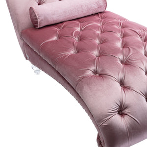 English Elm Velvet Curved Chaise Lounge Sofa with Button-Tufted Back, Thick Foam Comfort and Acrylic Legs for Living Room Relaxation Pink W39538676