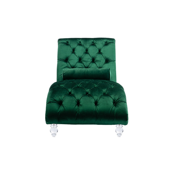 English Elm Velvet Curved Chaise Lounge Sofa with Button-Tufted Back, Thick Foam Comfort and Acrylic Legs for Living Room Relaxation Emerald W39538677