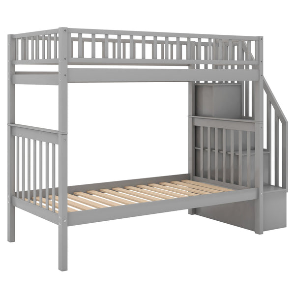English Elm Twin Twin-over-Twin Bunk Bed with Trundle, Solid Wood Slat Support, Guardrail & Built-In Storage for Three Sleeps Gray SM000304AAE-1