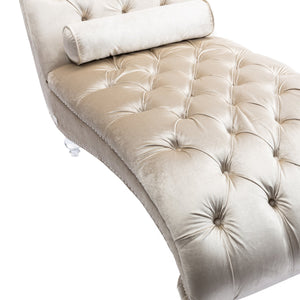 English Elm Velvet Curved Chaise Lounge Sofa with Button-Tufted Back, Thick Foam Cushion & Acrylic Legs for Living Room Comfort Beige W39538682