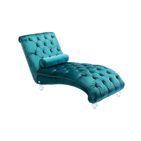 English Elm Velvet Curved Chaise Lounge Sofa with Button-Tufted Back, Thick Foam Comfort and Acrylic Legs for Living Room Relaxation Teal W39538678