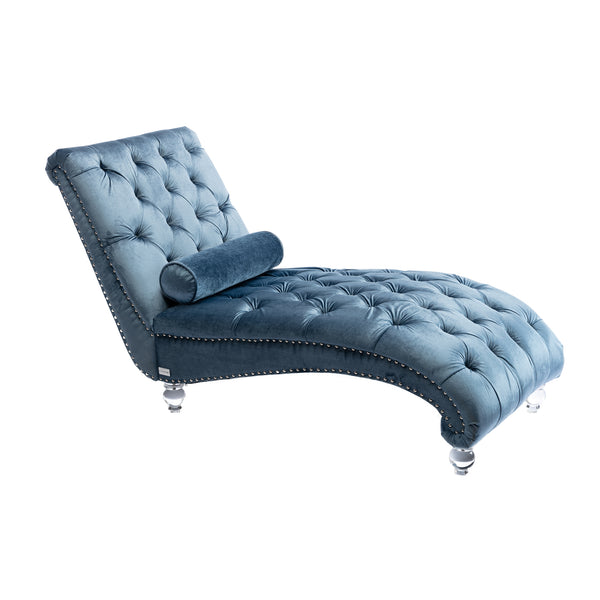 English Elm Velvet Curved Chaise Lounge Sofa with Button-Tufted Back, Thick Foam Cushion & Acrylic Legs for Living Room Comfort Light Blue W39538684