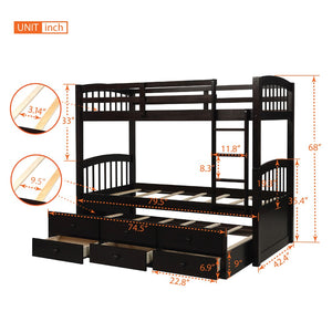 English Elm Twin Over Bunk Bed with Trundle and 3 Drawers Solid Pine Kids Guest Room LT000071AAP