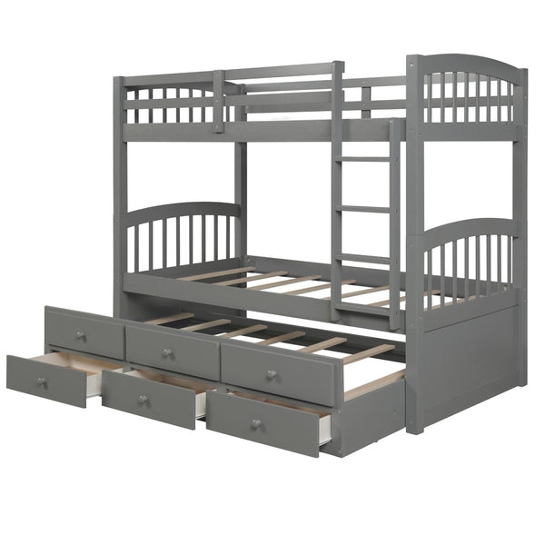 English Elm Twin Over Bunk Bed with Trundle and 3 Drawers Solid Pine Kids Guest Room LT000071AAE-1
