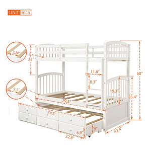 English Elm Twin Over Bunk Bed with Trundle and 3 Drawers Solid Pine Kids Guest Room LT000071AAK