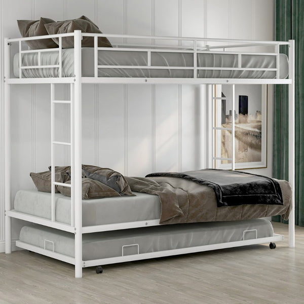 English Elm Twin Over Metal Bunk Bed with Trundle Dual Ladders White Steel Frame MF286642AAK