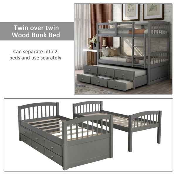 English Elm Twin Over Bunk Bed with Trundle and 3 Drawers Solid Pine Kids Guest Room LT000071AAE-1