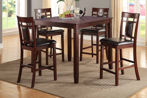 English Elm Modern 5pc Counter Height Dining Set Cherry Finish with Eyelet Back Chairs, Faux Leather Cushions HS00F2252