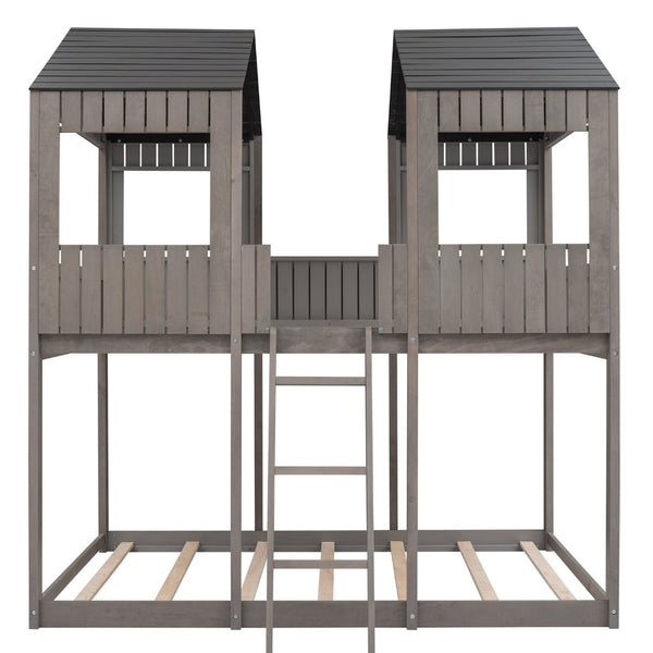 English Elm Full Over Playhouse Bunk Bed Pine Wood Pitched Roof Window Kids Bedroom LT000031AAE-1
