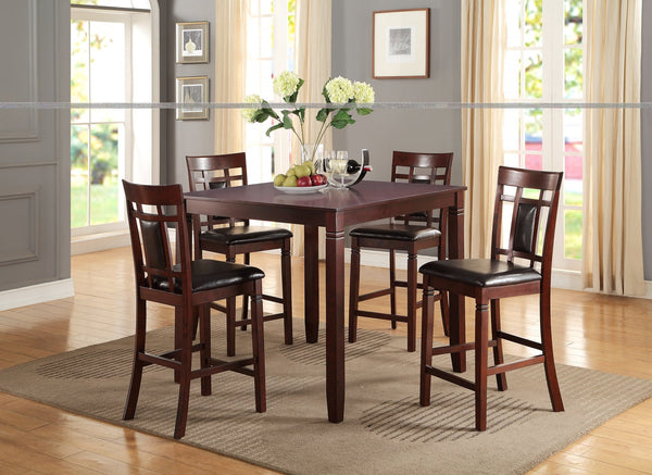 English Elm Modern 5pc Counter Height Dining Set Cherry Finish with Eyelet Back Chairs, Faux Leather Cushions HS00F2252