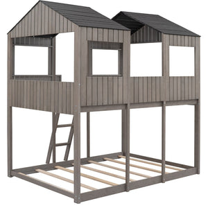English Elm Full Over Playhouse Bunk Bed Pine Wood Pitched Roof Window Kids Bedroom LT000031AAE-1