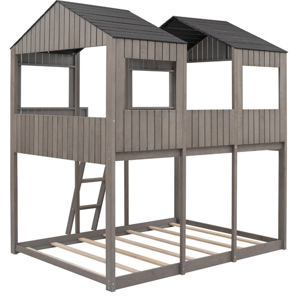 English Elm Full Over Playhouse Bunk Bed Pine Wood Pitched Roof Window Kids Bedroom LT000031AAE-1