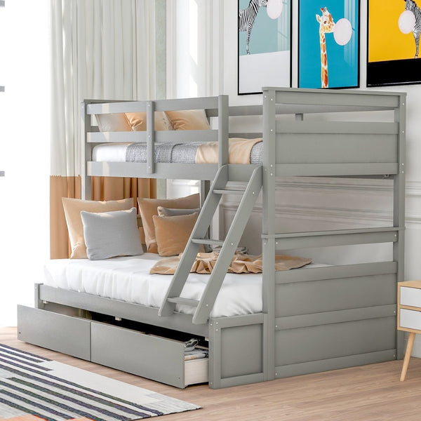 English Elm Twin Over Full Bunk Bed White Convertible Frame with Built-in Storage Drawers Gray LT000022AAE