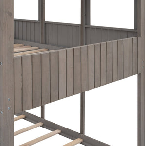 English Elm Full Over Playhouse Bunk Bed Pine Wood Pitched Roof Window Kids Bedroom LT000031AAE-1
