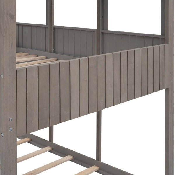 English Elm Full Over Playhouse Bunk Bed Pine Wood Pitched Roof Window Kids Bedroom LT000031AAE-1