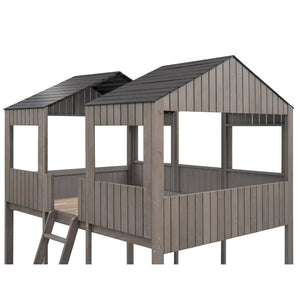 English Elm Full Over Playhouse Bunk Bed Pine Wood Pitched Roof Window Kids Bedroom LT000031AAE-1