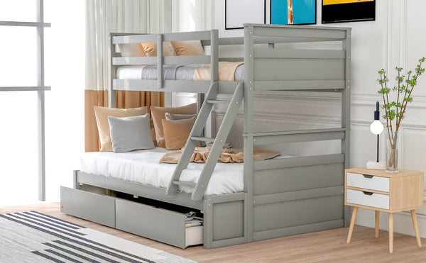 English Elm Twin Over Full Bunk Bed White Convertible Frame with Built-in Storage Drawers Gray LT000022AAE