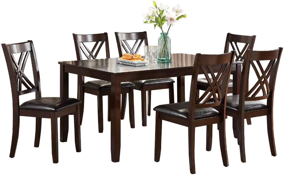 English Elm 7pcs Contemporary Dining Set Espresso Finish Rectangular Table with 6 Cream Cushioned Faux Leather Chairs HS00F2554-ID-AHD