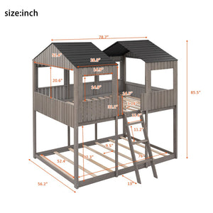 English Elm Full Over Playhouse Bunk Bed Pine Wood Pitched Roof Window Kids Bedroom LT000031AAE-1