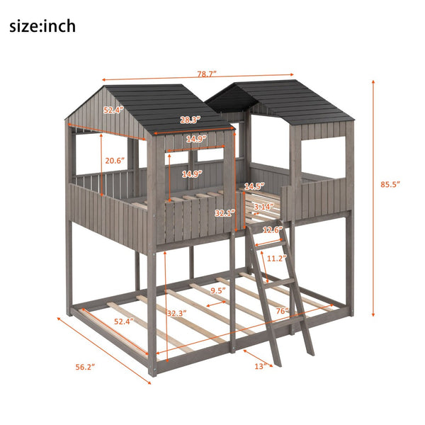 English Elm Full Over Playhouse Bunk Bed Pine Wood Pitched Roof Window Kids Bedroom LT000031AAE-1