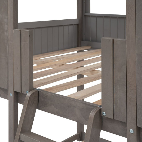 English Elm Full Over Playhouse Bunk Bed Pine Wood Pitched Roof Window Kids Bedroom LT000031AAE-1