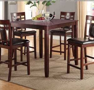 English Elm Modern 5pc Counter Height Dining Set Cherry Finish with Eyelet Back Chairs, Faux Leather Cushions HS00F2252