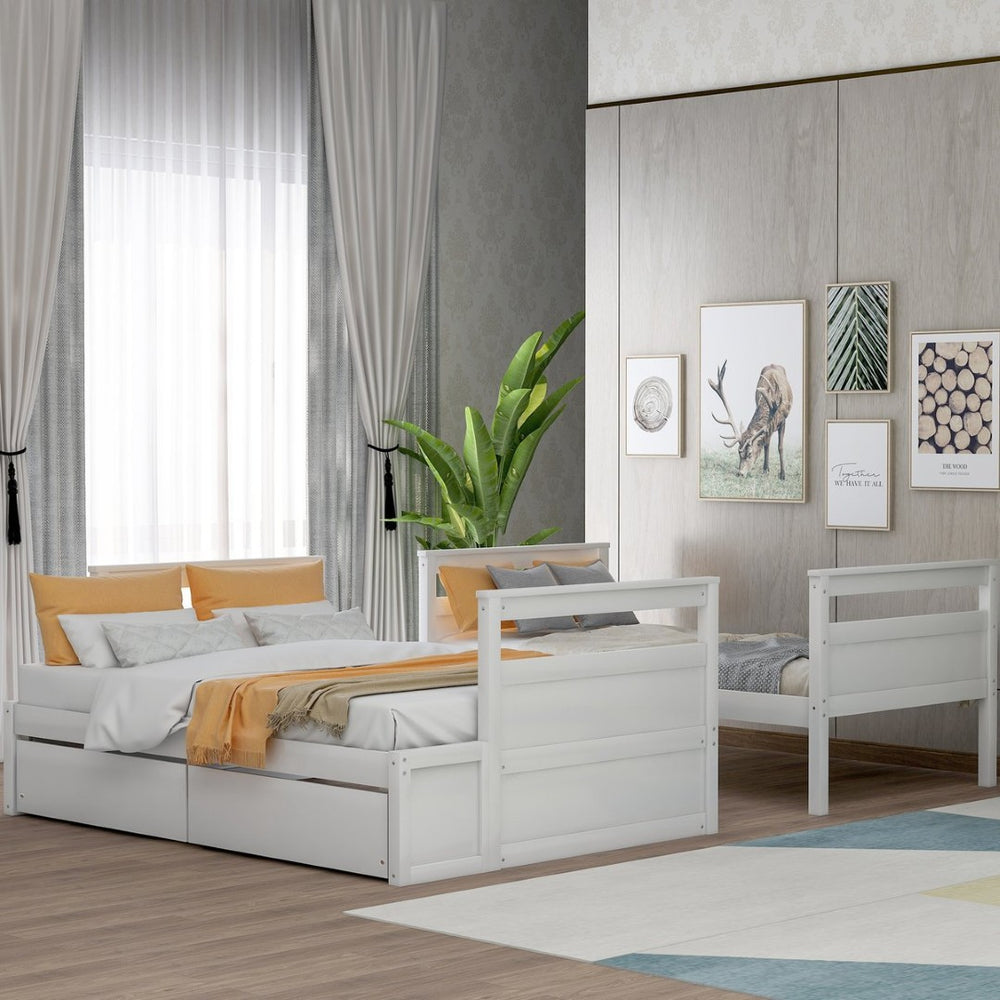 English Elm Twin Over Full Bunk Bed White Convertible Frame with Built-in Storage Drawers LT000022AAK