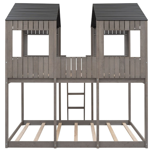 English Elm Full Over Playhouse Bunk Bed Pine Wood Pitched Roof Window Kids Bedroom LT000031AAE-1