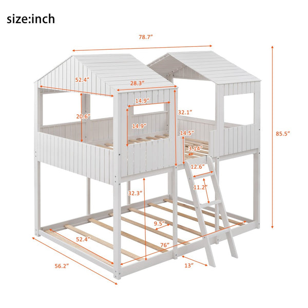 English Elm Full Over Playhouse Bunk Bed Pine Wood Pitched Roof Window Kids Bedroom LT000031AAK-1