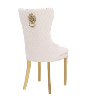 English Elm Simba Velvet Tufted Dining Chair Set – Gold Legs, Quilted Beige Upholstery, Lion Head Accent Ring (2) 659436057739