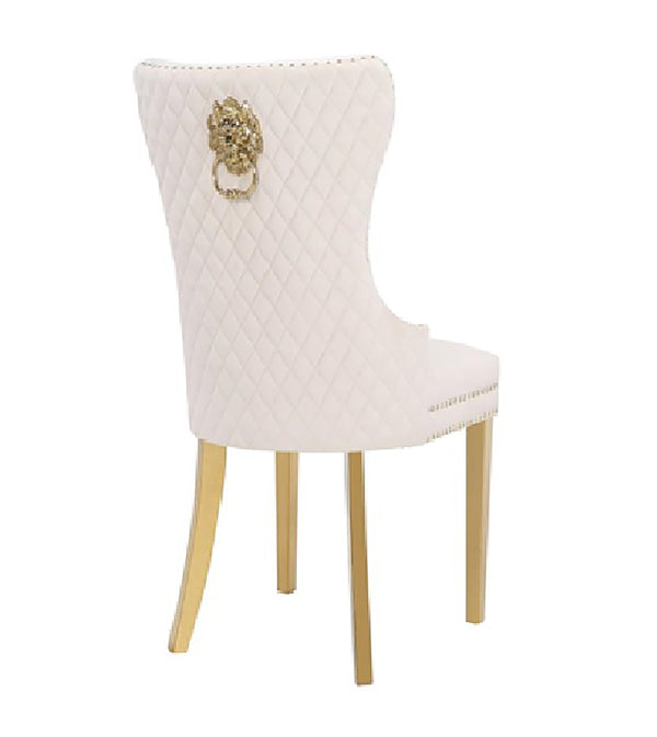 English Elm Simba Velvet Tufted Dining Chair Set – Gold Legs, Quilted Beige Upholstery, Lion Head Accent Ring (2) 659436057739