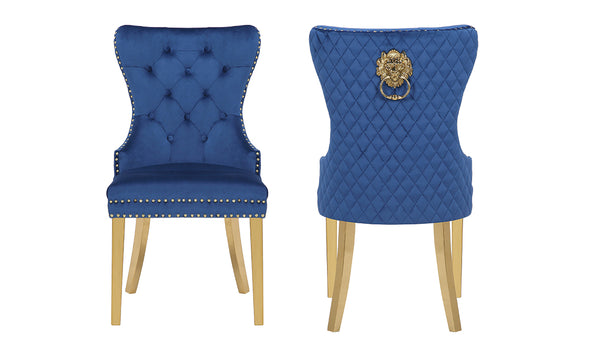 English Elm Simba Velvet Tufted Dining Chair Set Navy – Luxurious Quilted Back, Gold Legs & Lion Ring Accent (2) 659436013254