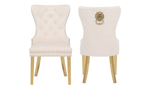 English Elm Simba Velvet Tufted Dining Chair Set – Gold Legs, Quilted Beige Upholstery, Lion Head Accent Ring (2) 659436057739