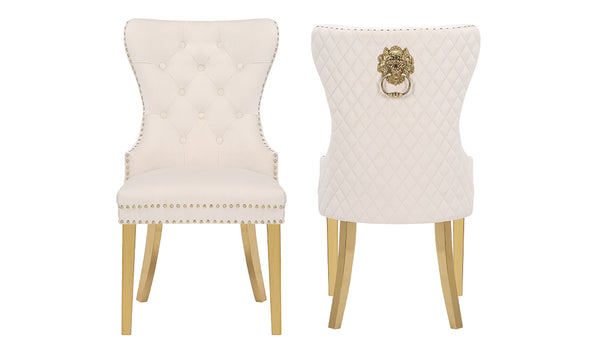 English Elm Simba Velvet Tufted Dining Chair Set – Gold Legs, Quilted Beige Upholstery, Lion Head Accent Ring (2) 659436057739