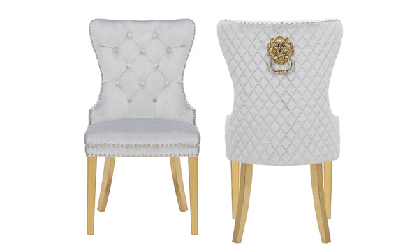 English Elm Simba Velvet Tufted Dining Chairs Light Gray with Gold Legs, Quilted Back & Lion Head Ring Accent 659436316324