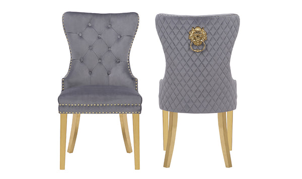 English Elm Simba Velvet Tufted Dining Chair Set 2 – Dark Gray Quilted Back, Gold Legs & Lion Head Ring Accent 659436250550